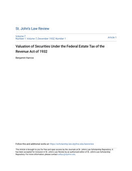 Valuation of Securities Under the Federal Estate Tax of the Revenue Act of 1932