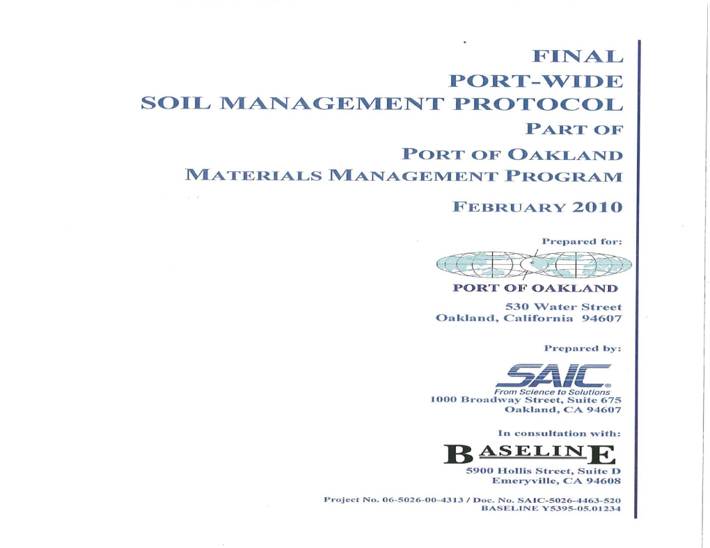 Port-Wide Soil Management Protocol, Dated October 2008, Submitted by the Port on 22 October 2008 to the Water Board for Review