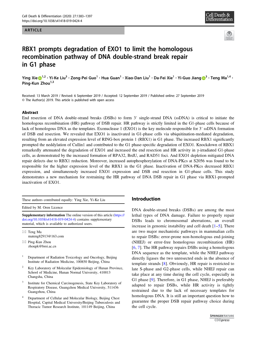 RBX1 Prompts Degradation of EXO1 to Limit the Homologous Recombination Pathway of DNA Double-Strand Break Repair in G1 Phase