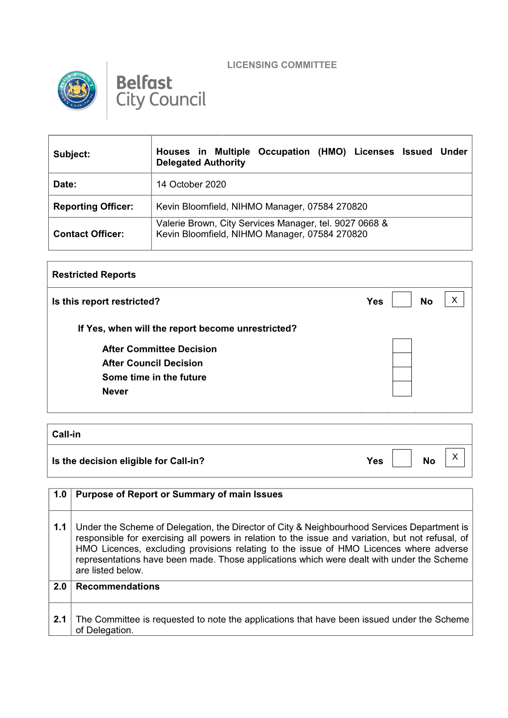 Houses in Multiple Occupation (HMO) Licenses Issued Under Delegated Authority