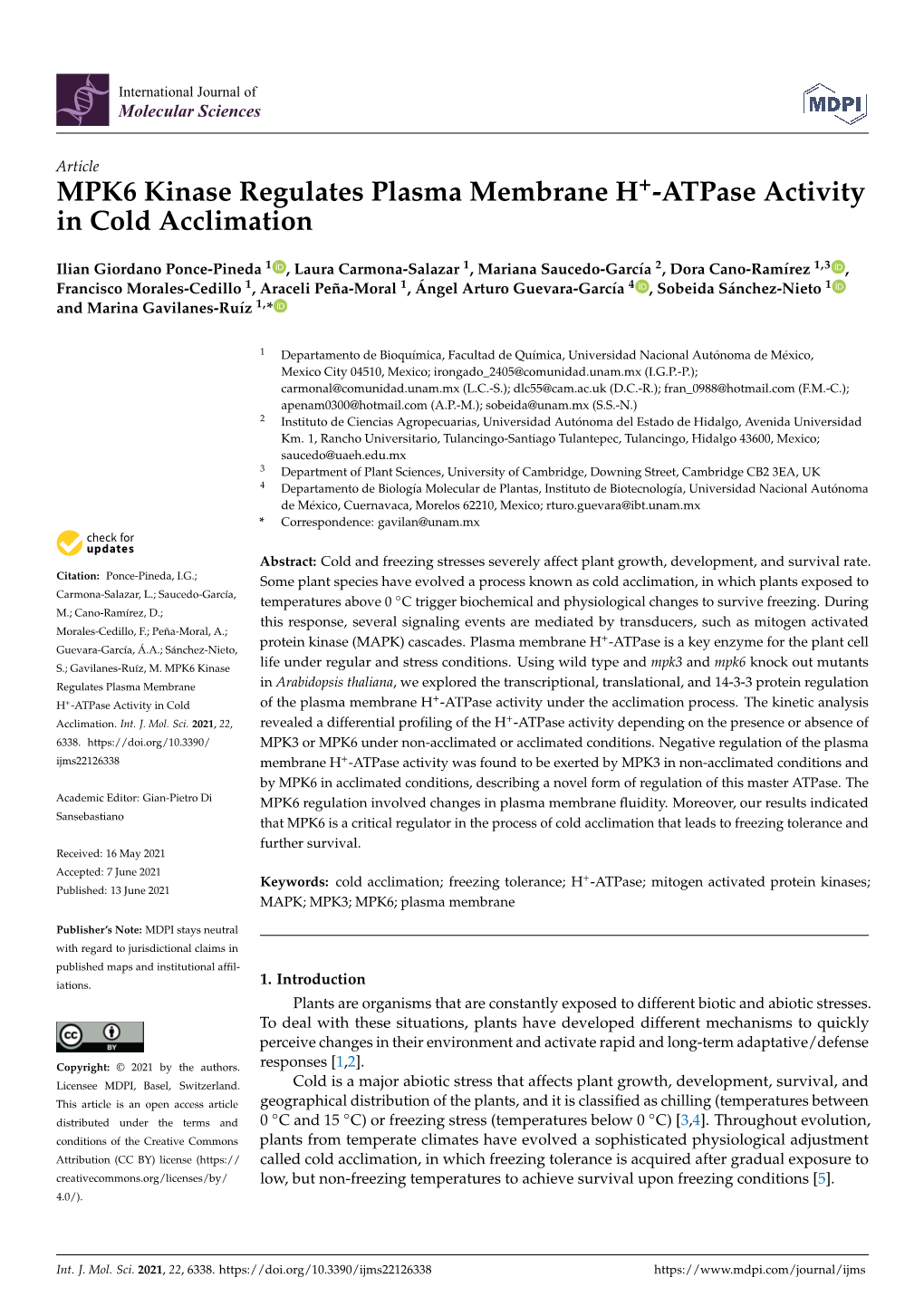 MPK6 Kinase Regulates Plasma Membrane H+-Atpase Activity in Cold Acclimation