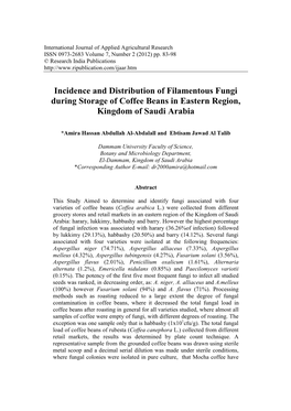 Incidence and Distribution of Filamentous Fungi During Storage of Coffee Beans in Eastern Region, Kingdom of Saudi Arabia
