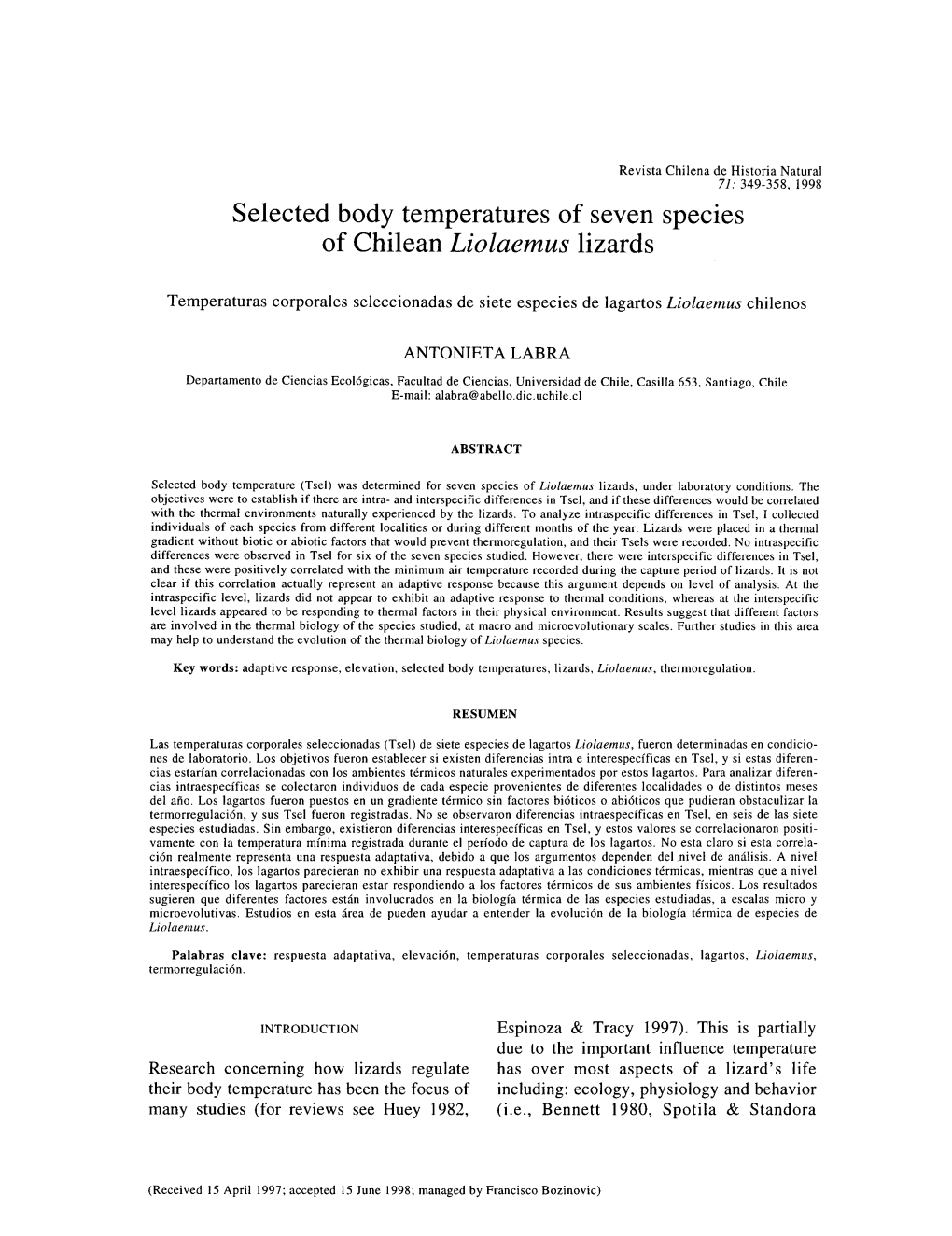 Selected Body Temperatures of Seven Species of Chilean Liolaemus Lizards