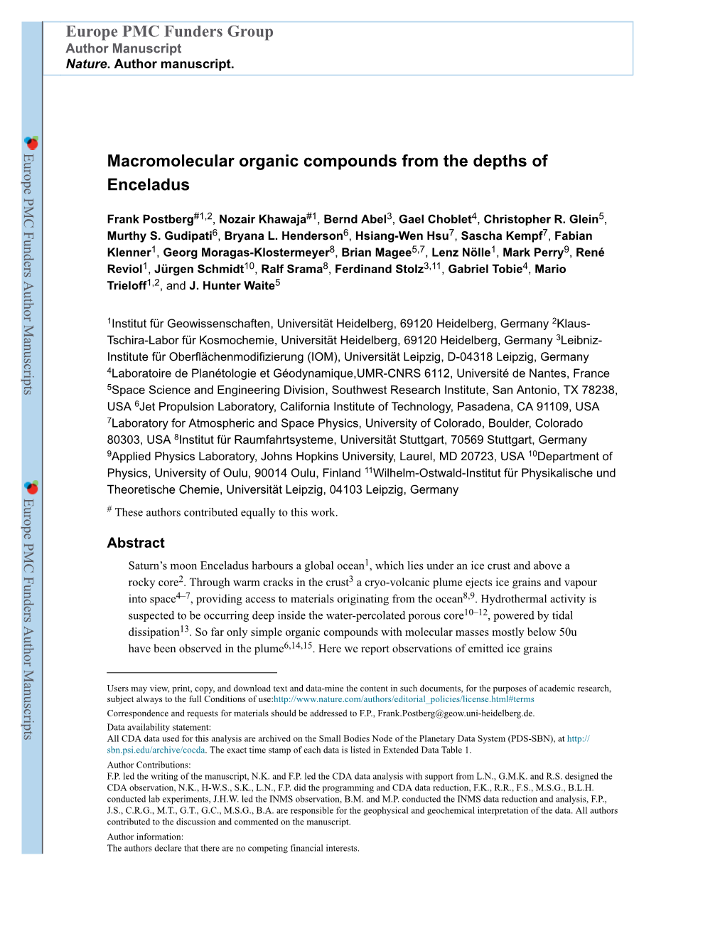 Macromolecular Organic Compounds from the Depths of Enceladus