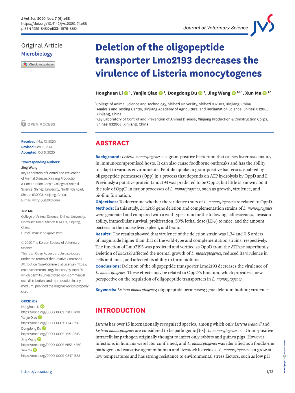 Deletion of the Oligopeptide Transporter Lmo2193 Decreases the Virulence of Listeria Monocytogenes