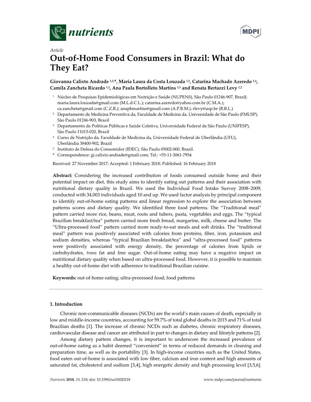 Out-Of-Home Food Consumers in Brazil: What Do They Eat?