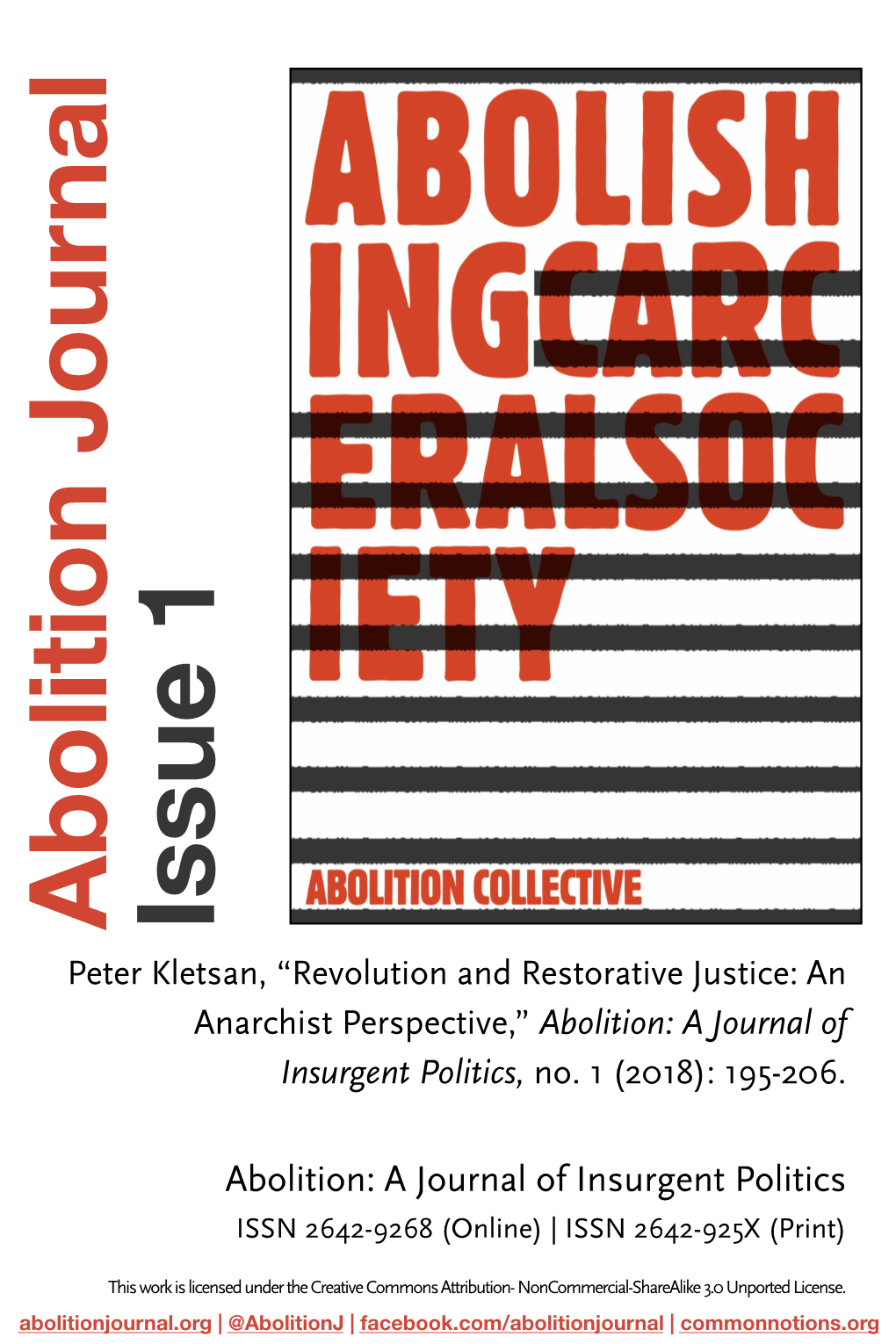 Abolition Journal Issue 1 Peter Kletsan, “Revolution and Restorative Justice: an Anarchist Perspective,” Abolition: a Journal of Insurgent Politics, No