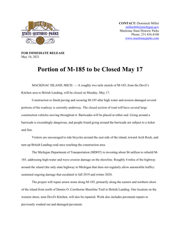 Portion of M-185 to Be Closed Monday, May 17