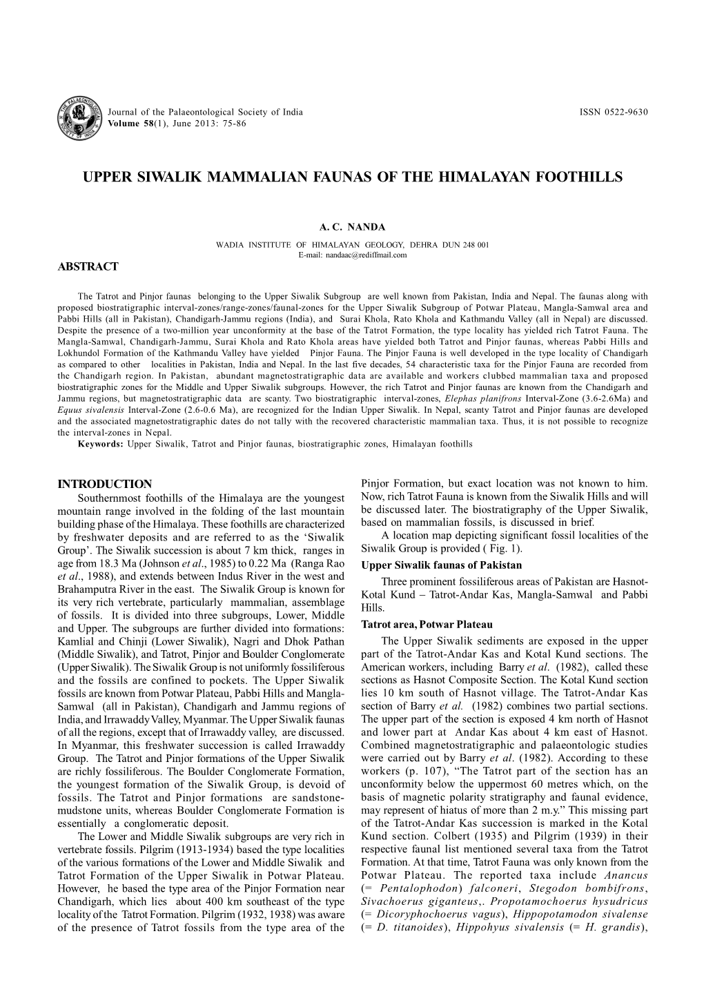 Upper Siwalik Mammalian Faunas of the Himalayan Foothills