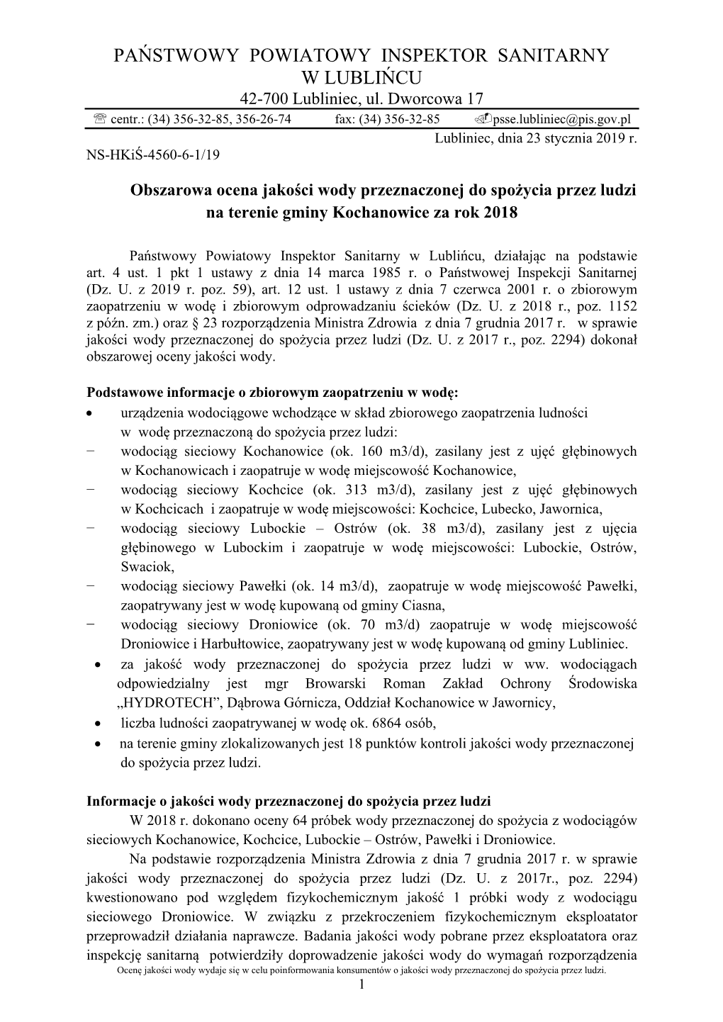 PAŃSTWOWY POWIATOWY INSPEKTOR SANITARNY W LUBLIŃCU 42-700 Lubliniec, Ul