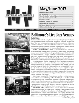 May/June 2017 Baltimore’S Live Jazz Venues