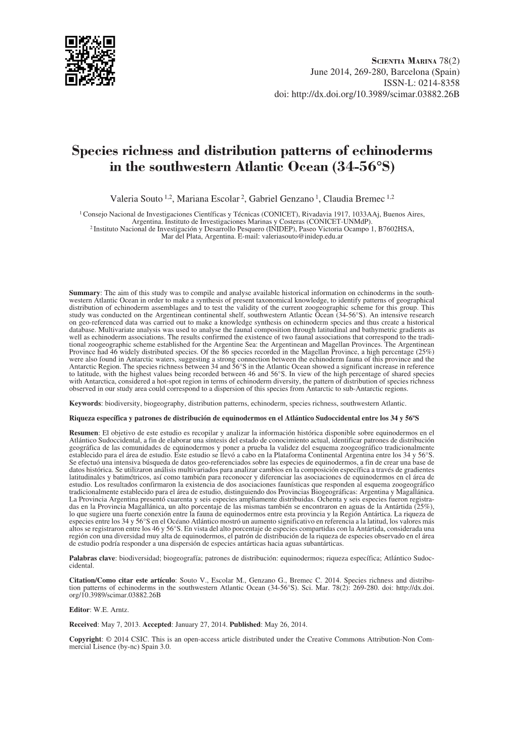 Species Richness and Distribution Patterns of Echinoderms in the Southwestern Atlantic Ocean (34-56°S)