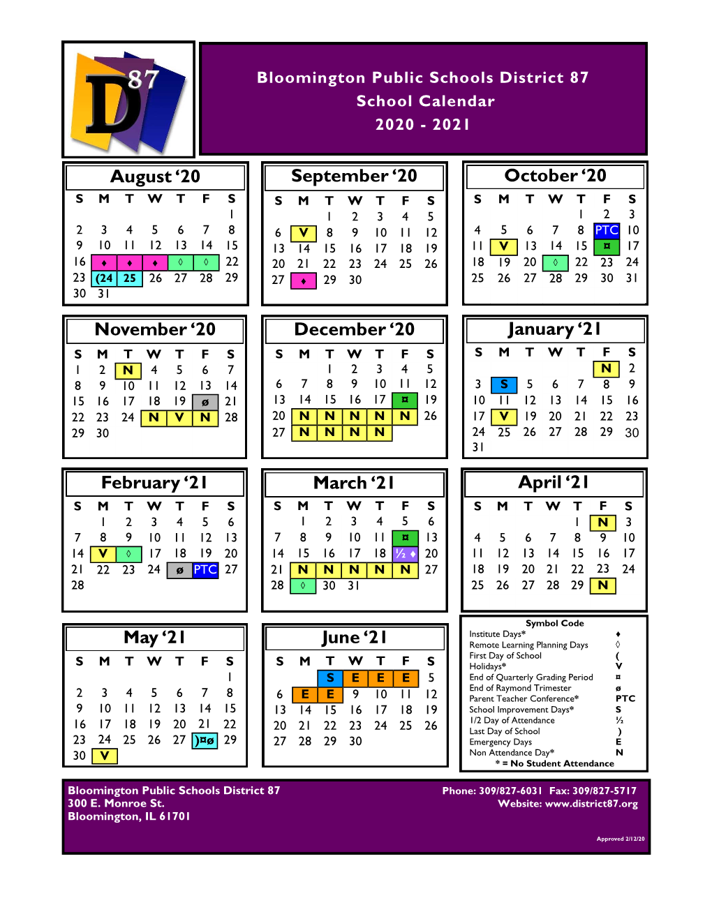 Bloomington Public Schools District 87 School Calendar 2020 - 2021