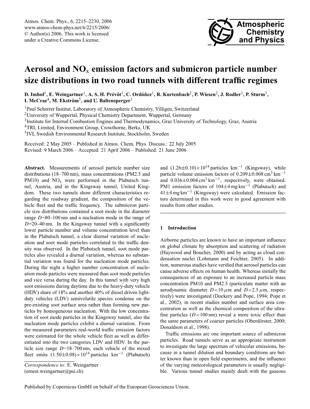 Aerosol and Nox Emission Factors and Submicron Particle Number Size Distributions in Two Road Tunnels with Different Traffic