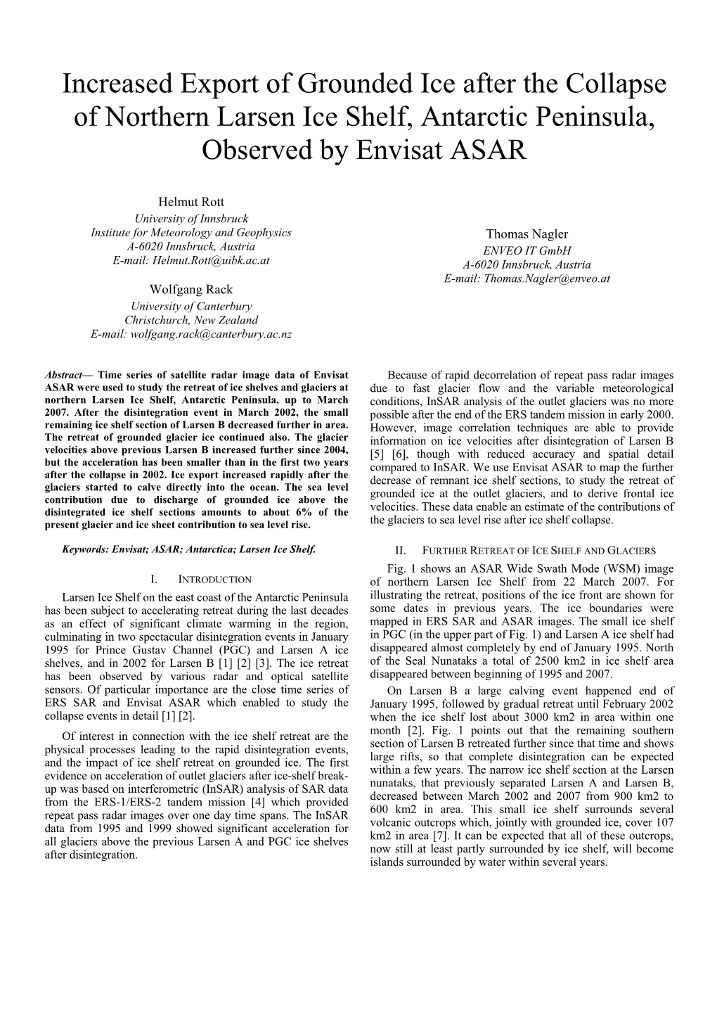 Increased Export of Grounded Ice After the Collapse of Northern Larsen Ice Shelf, Antarctic Peninsula, Observed by Envisat ASAR