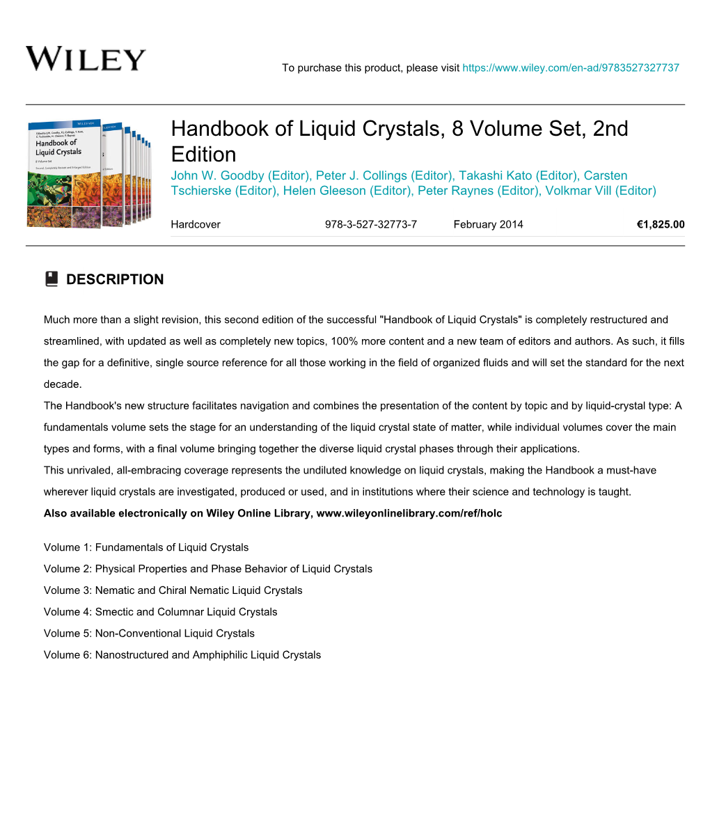 Handbook of Liquid Crystals, 8 Volume Set, 2Nd Edition John W
