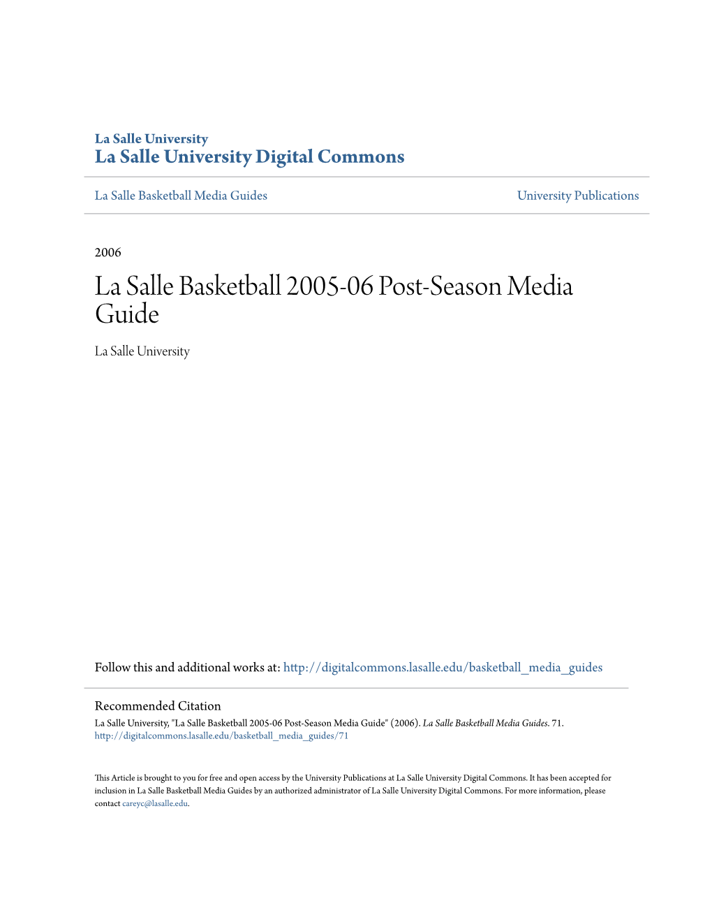 La Salle Basketball 2005-06 Post-Season Media Guide La Salle University