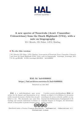 Acari: Cunaxidae: Coleoscirinae) from the Ozark Highlands (USA), with a Note on Biogeography M.J