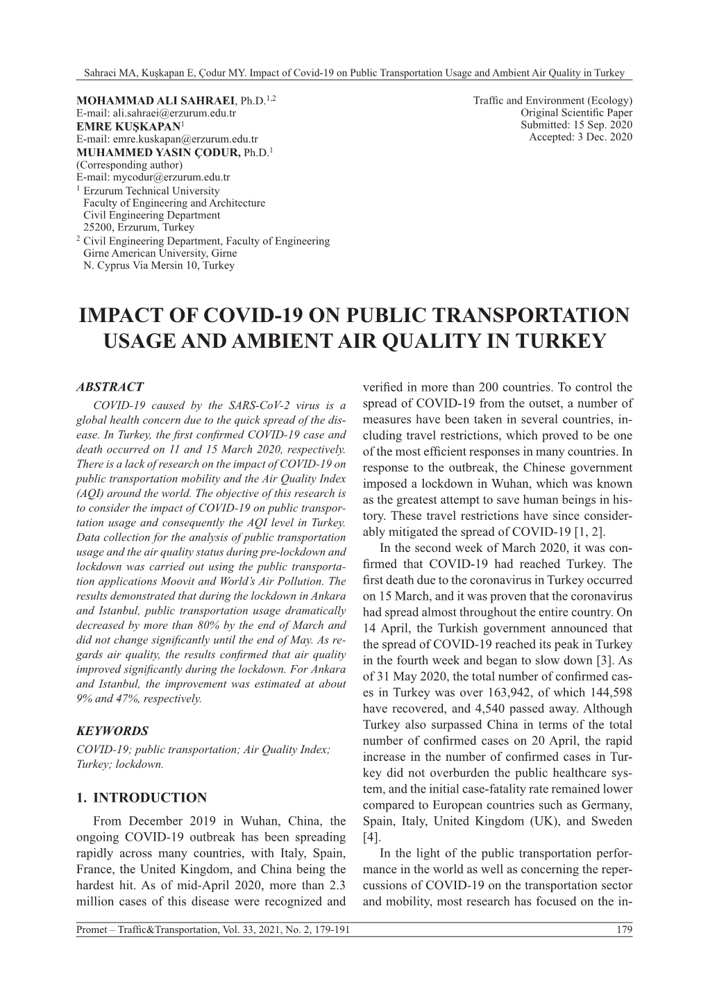 Impact of Covid-19 on Public Transportation Usage and Ambient Air Quality in Turkey