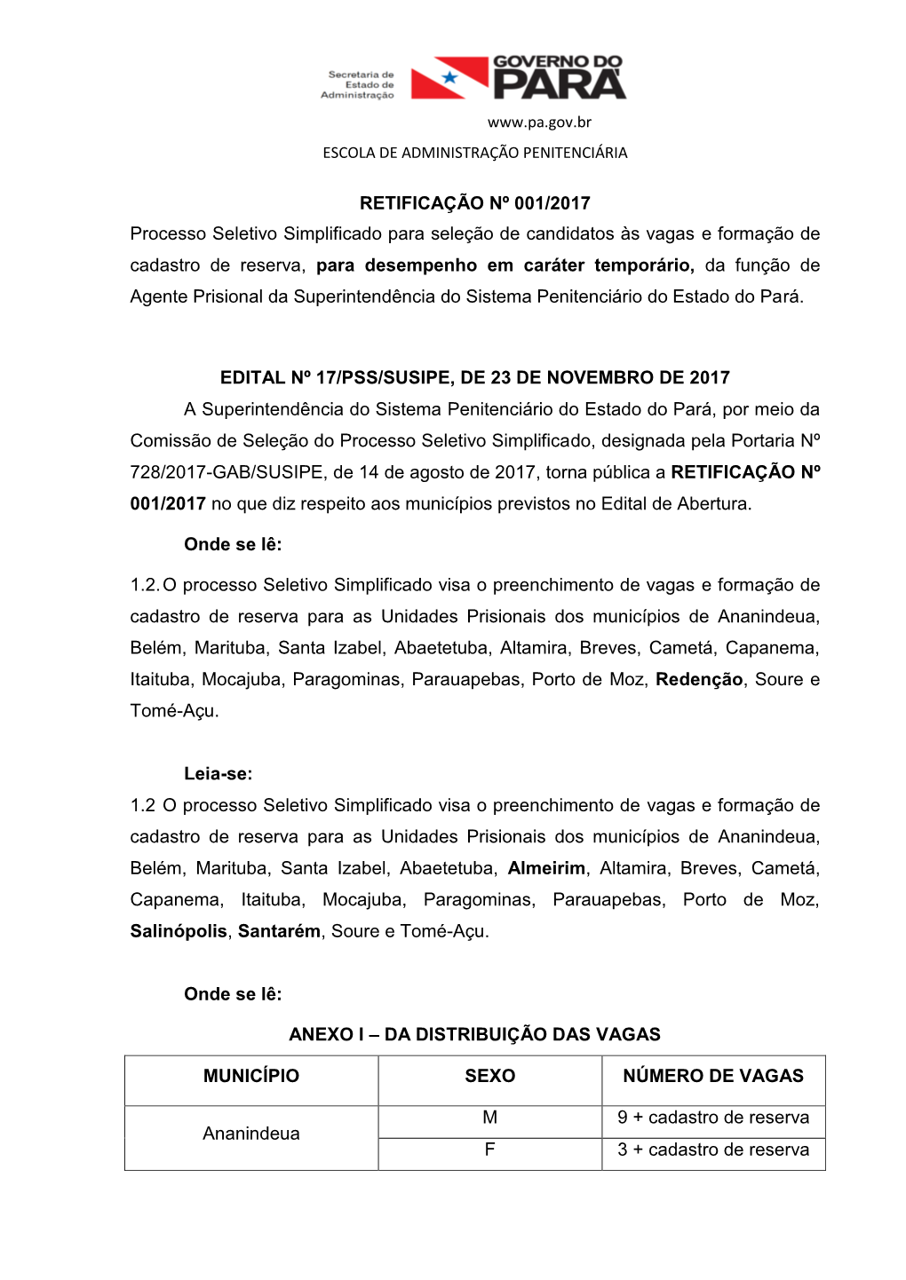 RETIFICAÇÃO Nº 001/2017 Processo Seletivo Simplificado Para Seleção