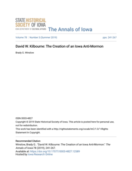 David W. Kilbourne: the Creation of an Iowa Anti-Mormon