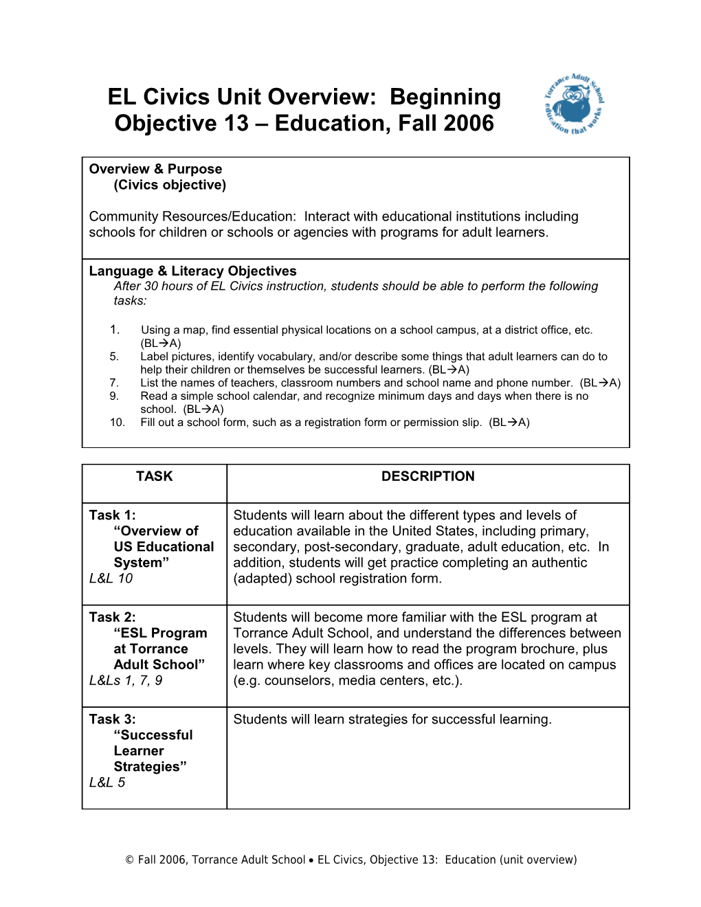 EL Civics Outline: Objective