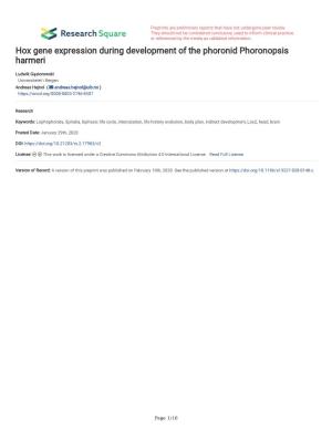 Hox Gene Expression During Development of the Phoronid Phoronopsis Harmeri
