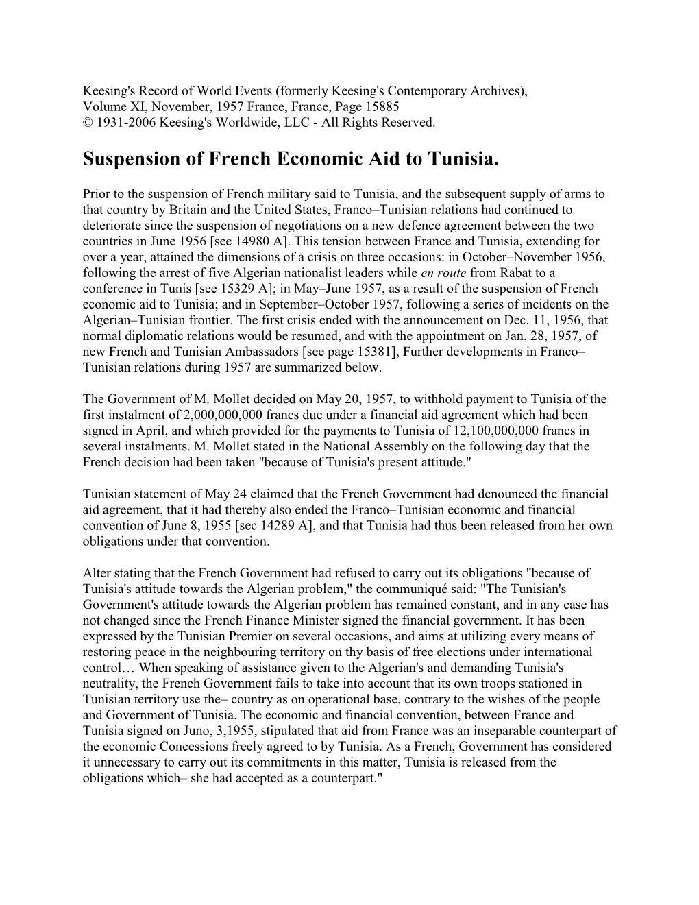 Suspension of French Economic Aid to Tunisia