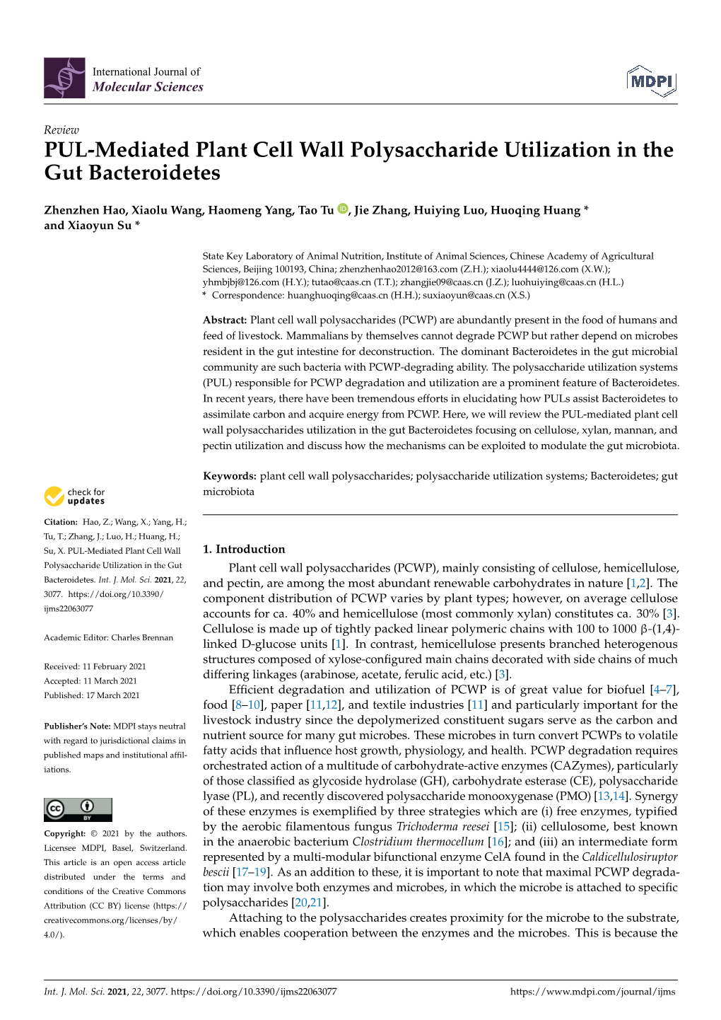 PUL-Mediated Plant Cell Wall Polysaccharide Utilization in the Gut Bacteroidetes