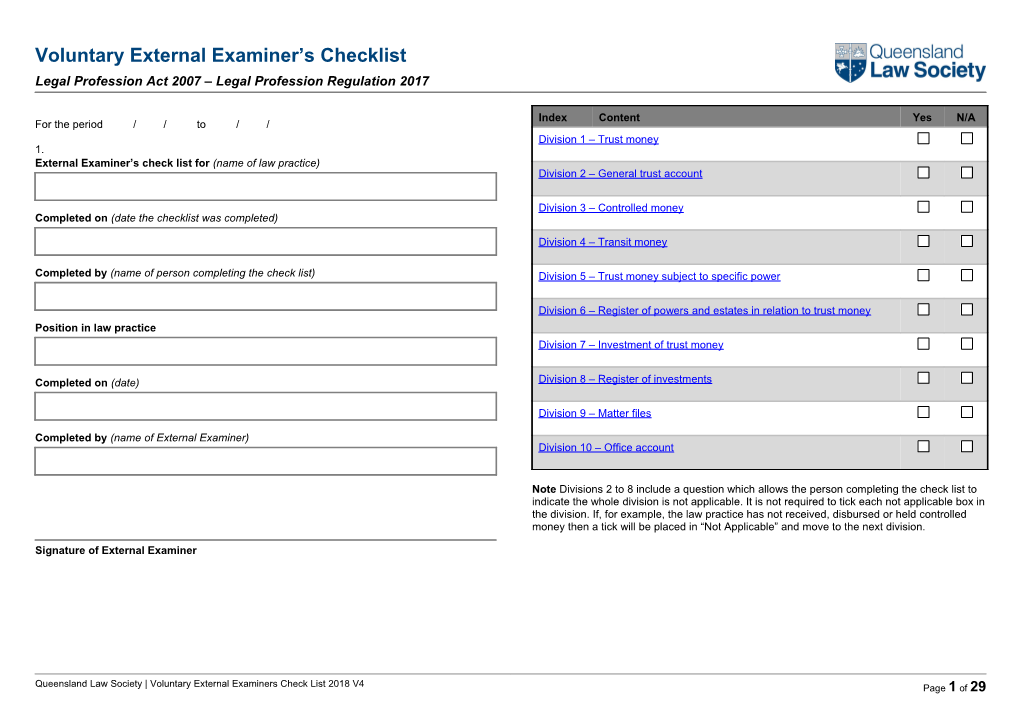 QLS PS Voluntary External Examiners Check List