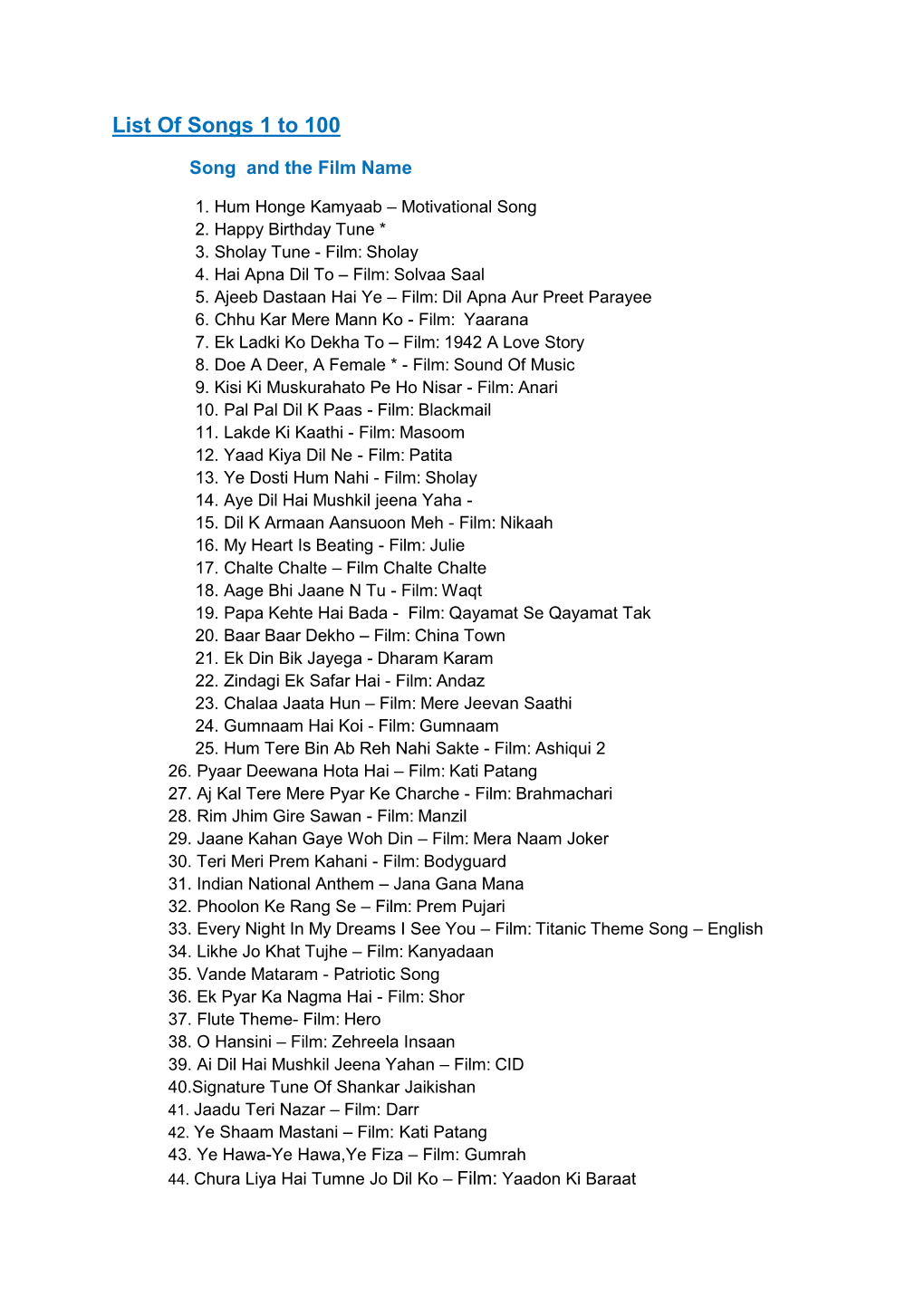 List of Songs 1 to 100