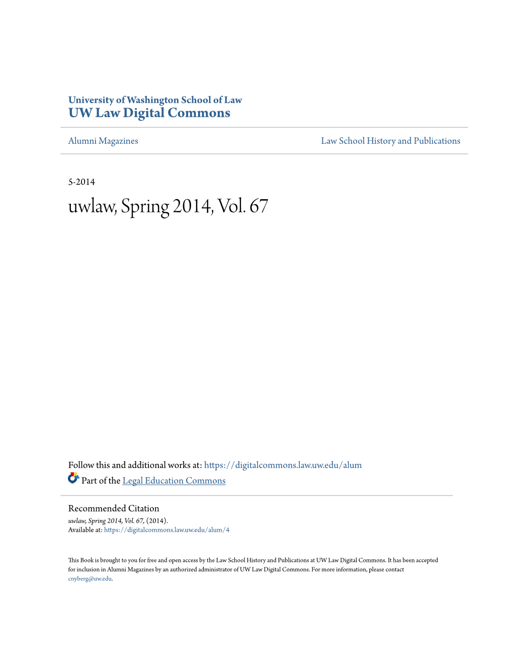 Uwlaw, Spring 2014, Vol. 67