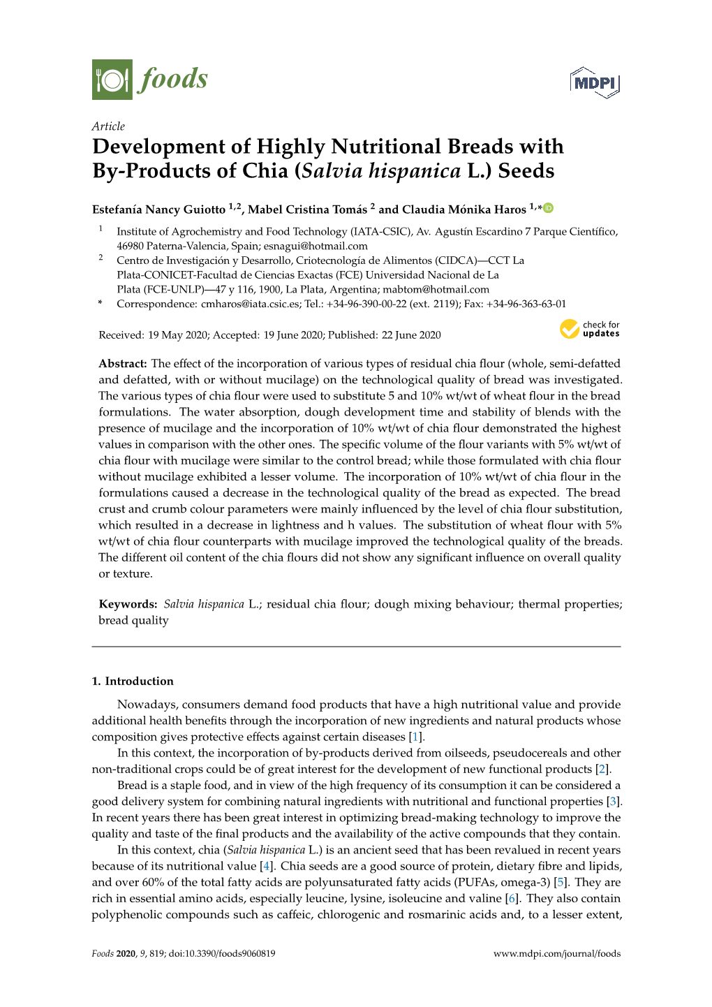 Development of Highly Nutritional Breads with By-Products of Chia (Salvia Hispanica L.) Seeds