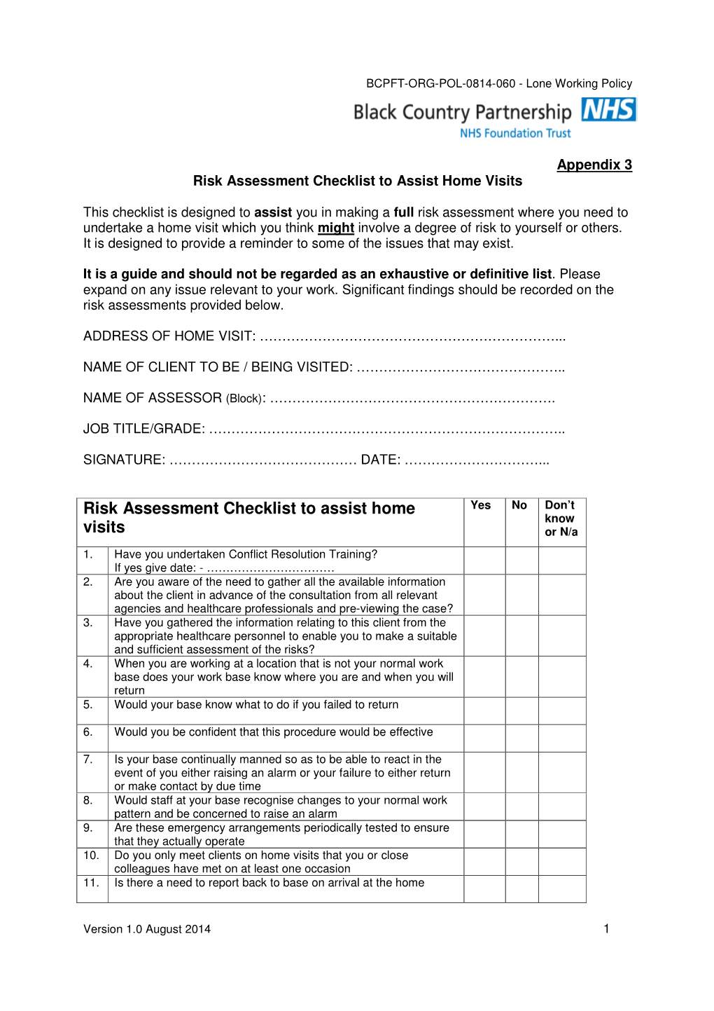 Risk Assessment Checklist to Assist Home Visits