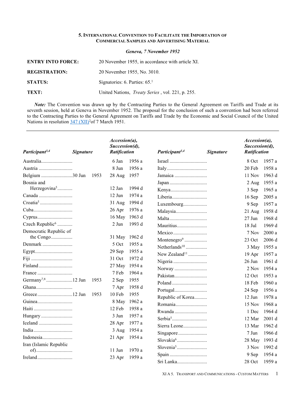 Geneva, 7 November 1952 .ENTRY INTO FORCE