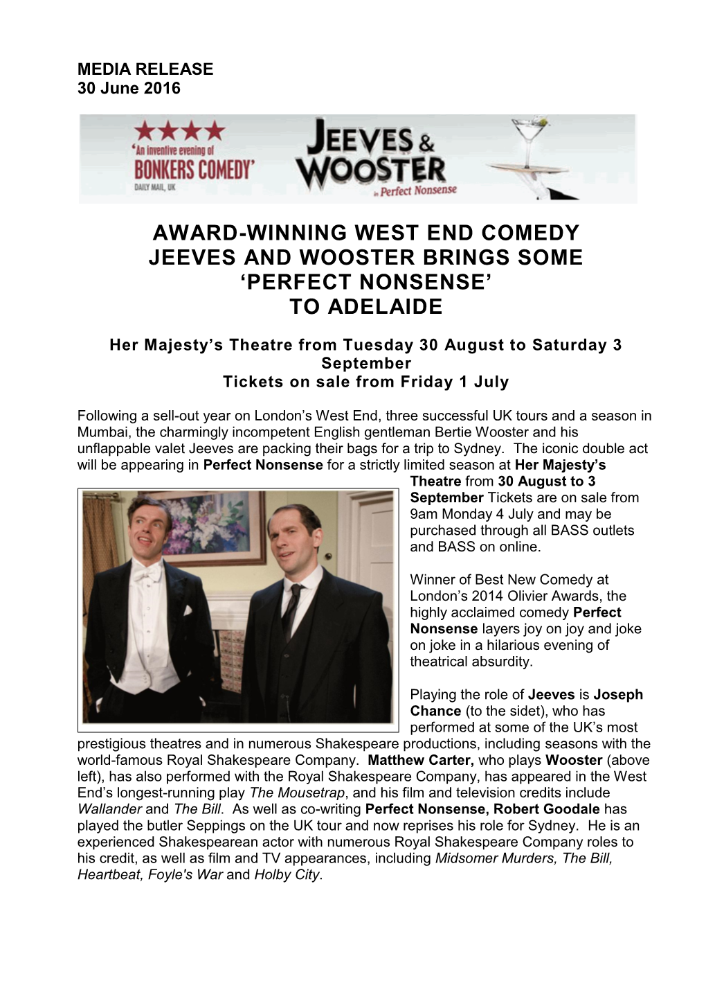 Award-Winning West End Comedy Jeeves and Wooster Brings Some ‘Perfect Nonsense’ to Adelaide