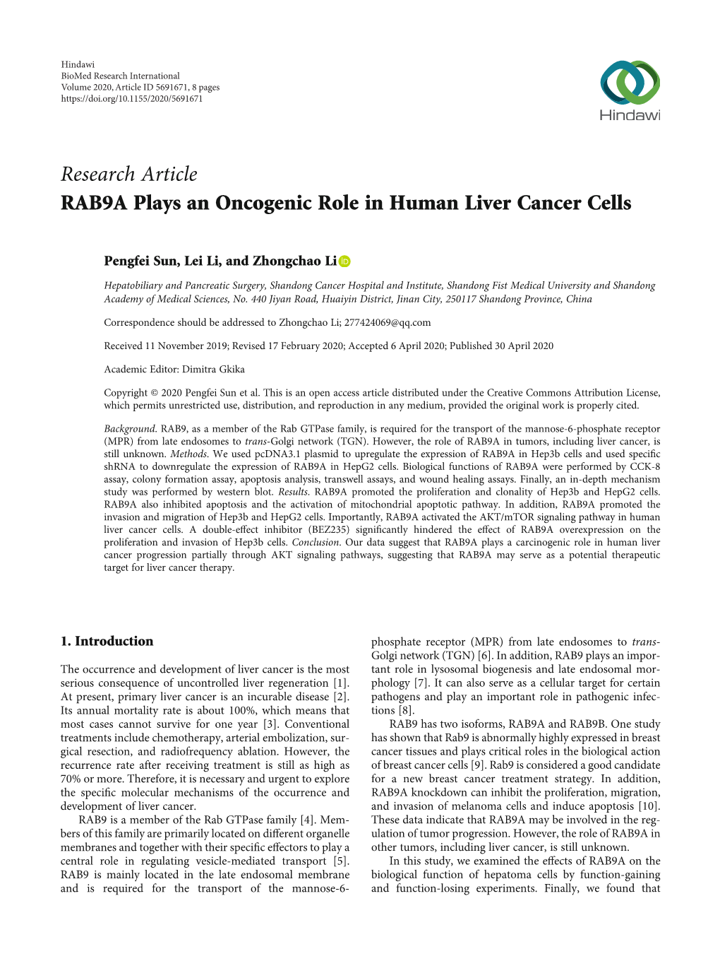 RAB9A Plays an Oncogenic Role in Human Liver Cancer Cells