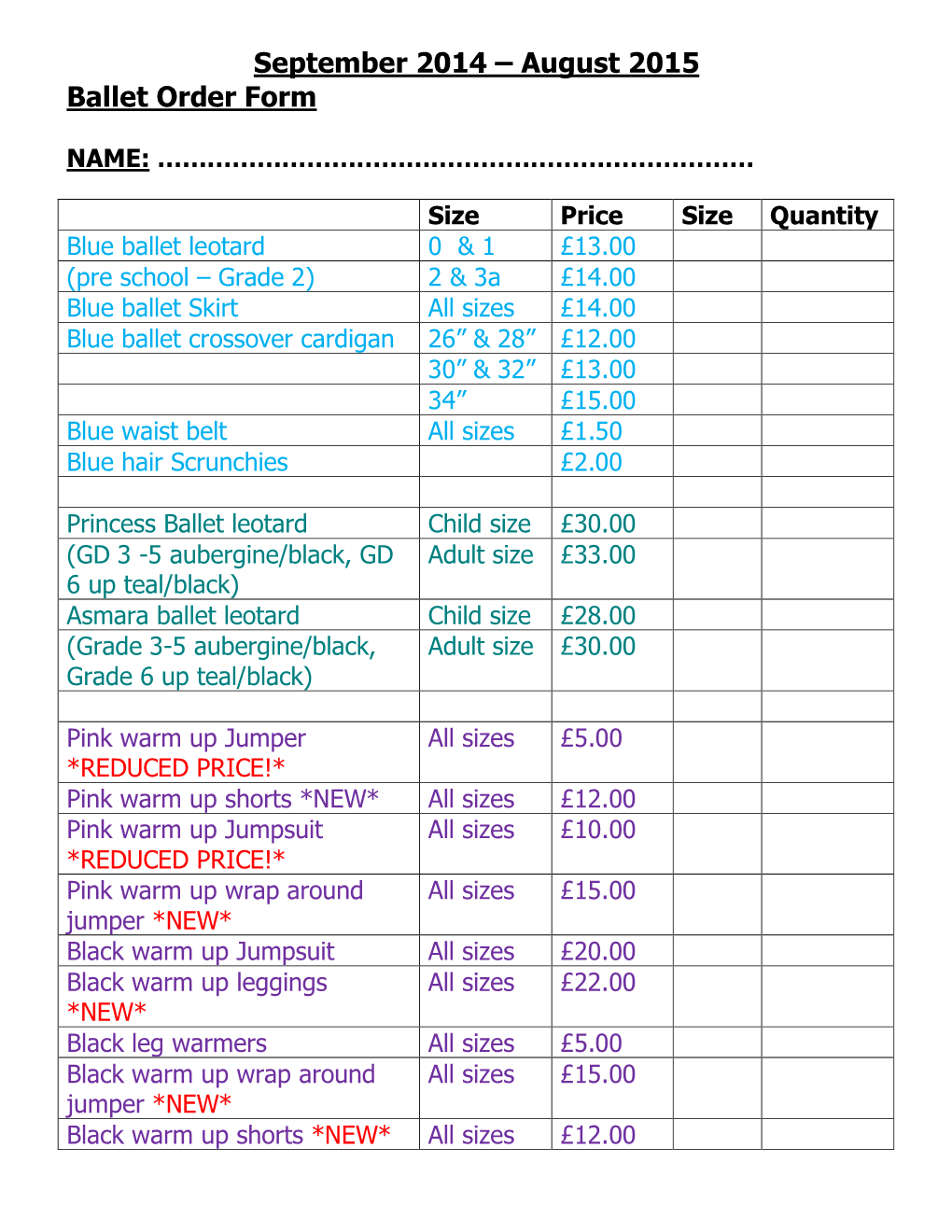 Fox King Dance Academy-Uniform Price List