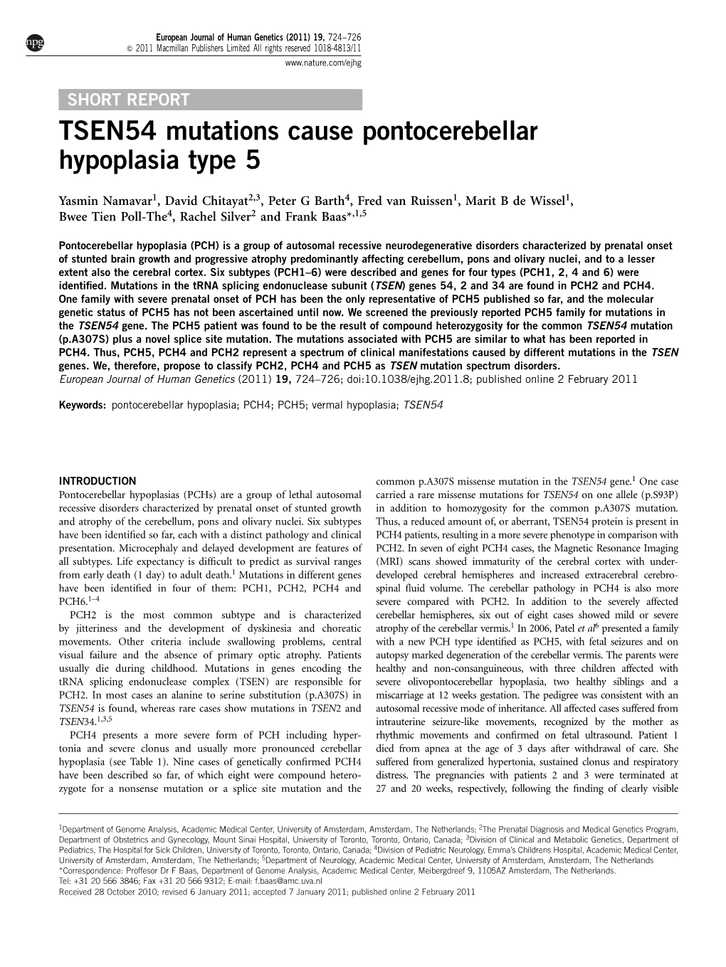 TSEN54 Mutations Cause Pontocerebellar Hypoplasia Type 5