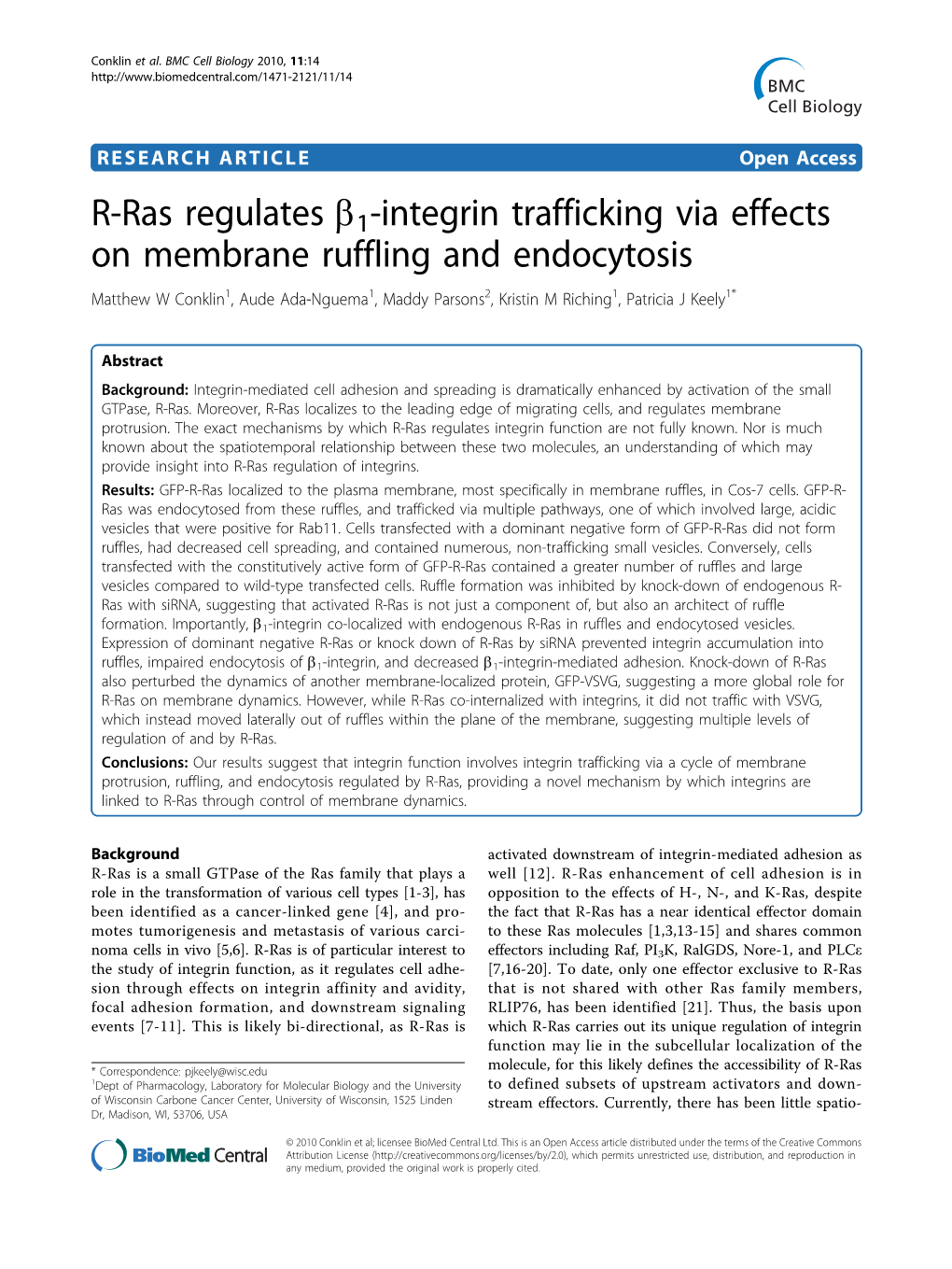 R-Ras Regulates B1-Integrin Trafficking Via Effects on Membrane Ruffling