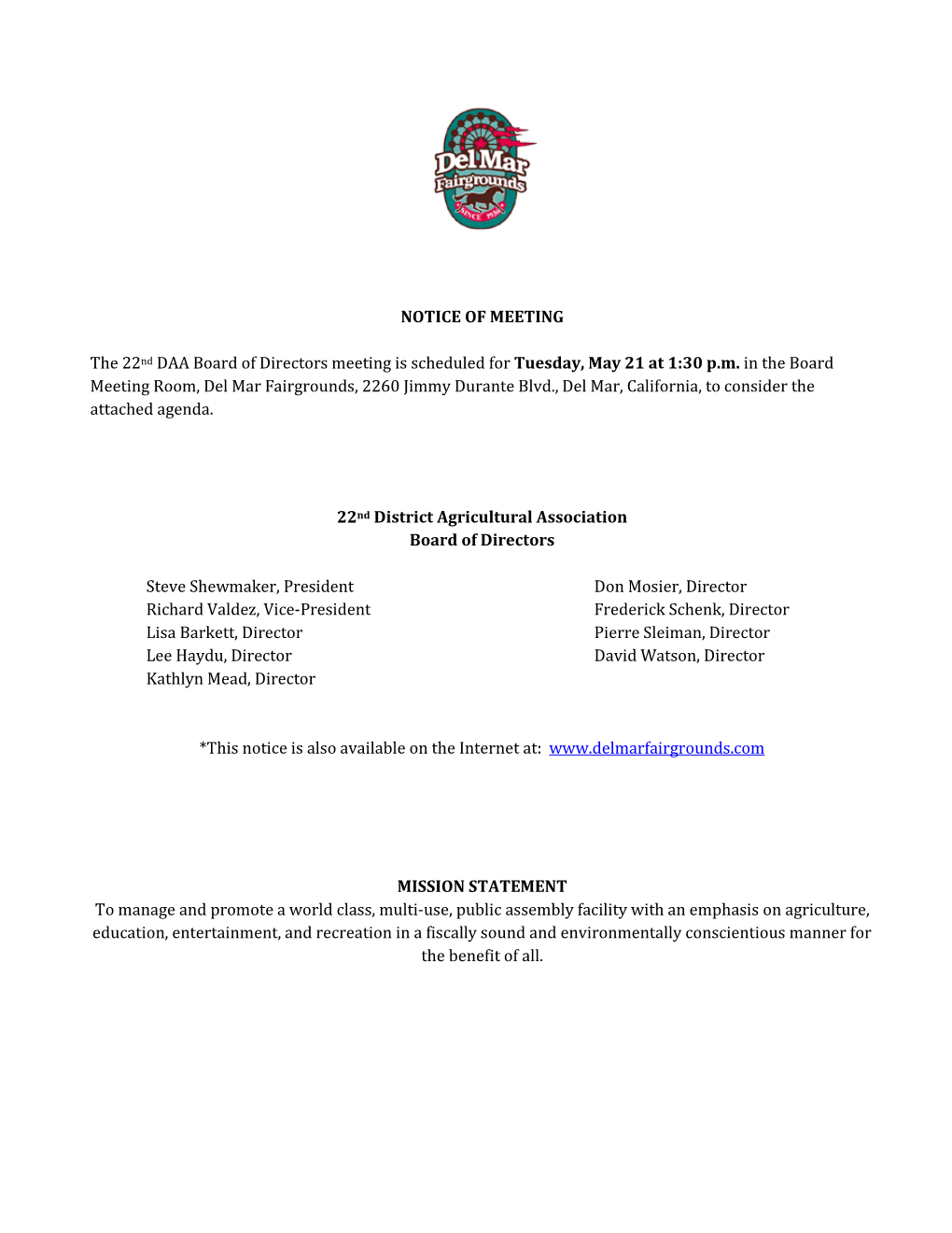 NOTICE of MEETING the 22Nd DAA Board of Directors Meeting Is