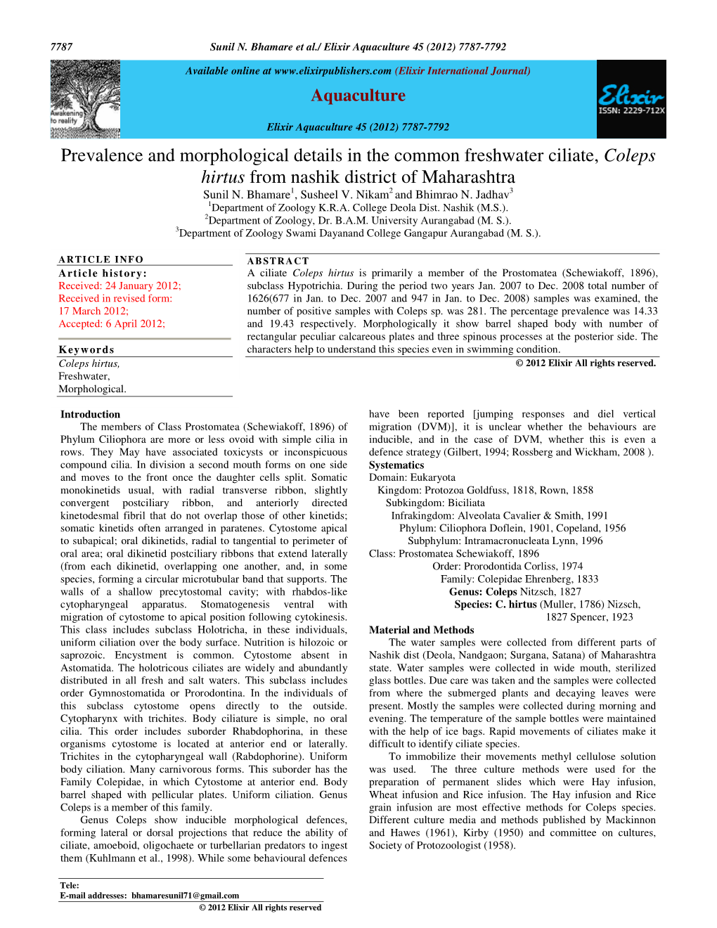 Prevalence and Morphological Details in the Common Freshwater Ciliate, Coleps Hirtus from Nashik District of Maharashtra Sunil N