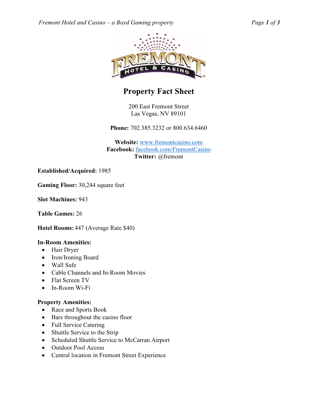 Fremont Hotel and Casino – a Boyd Gaming Property Page 1 of 3