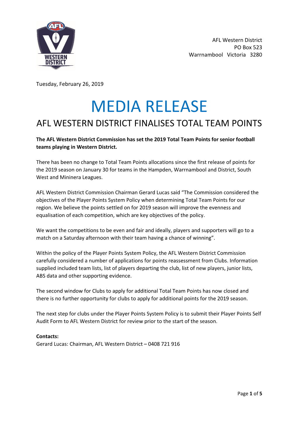 Media Release Afl Western District Finalises Total Team Points