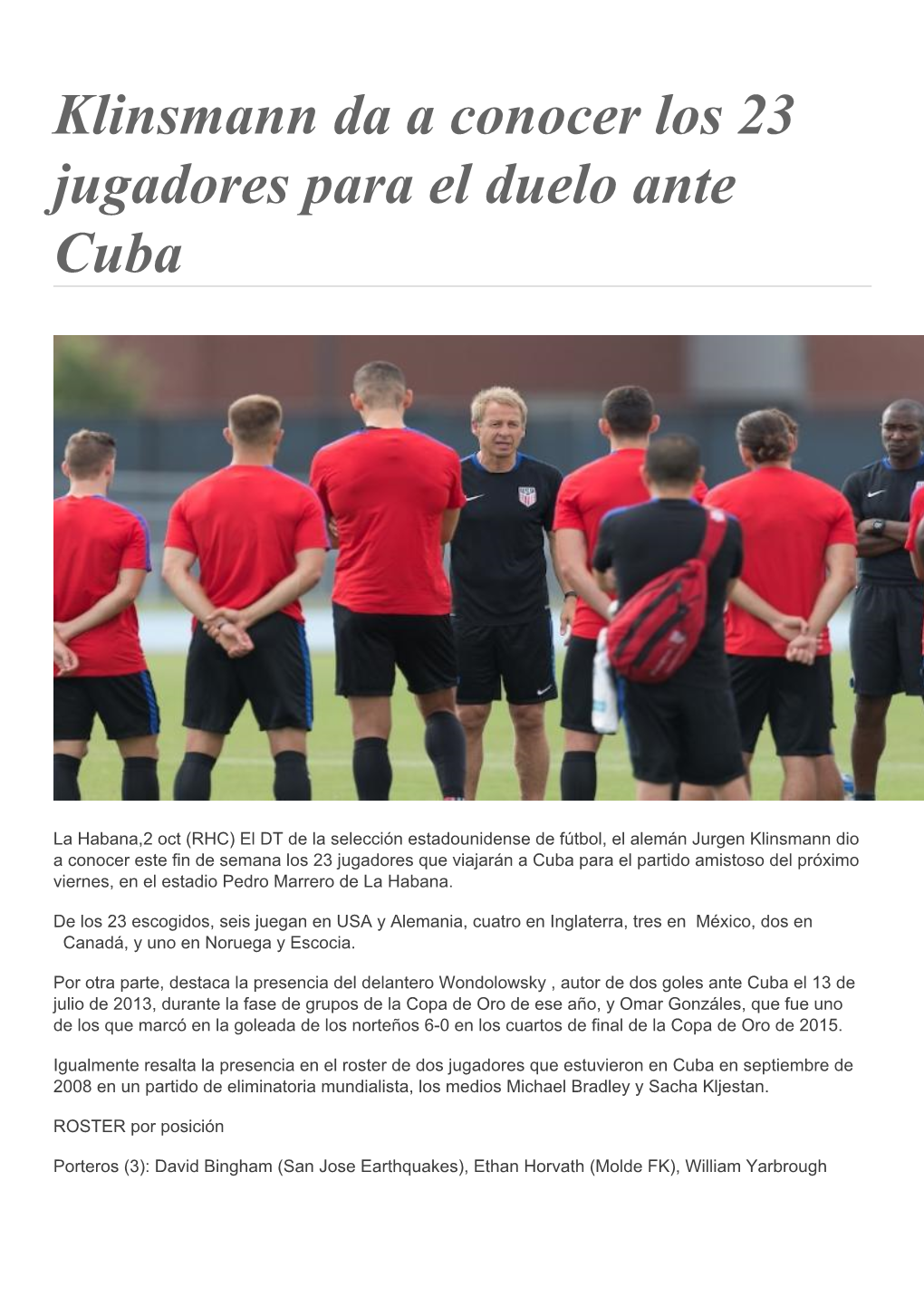 Klinsmann Da a Conocer Los 23 Jugadores Para El Duelo Ante Cuba