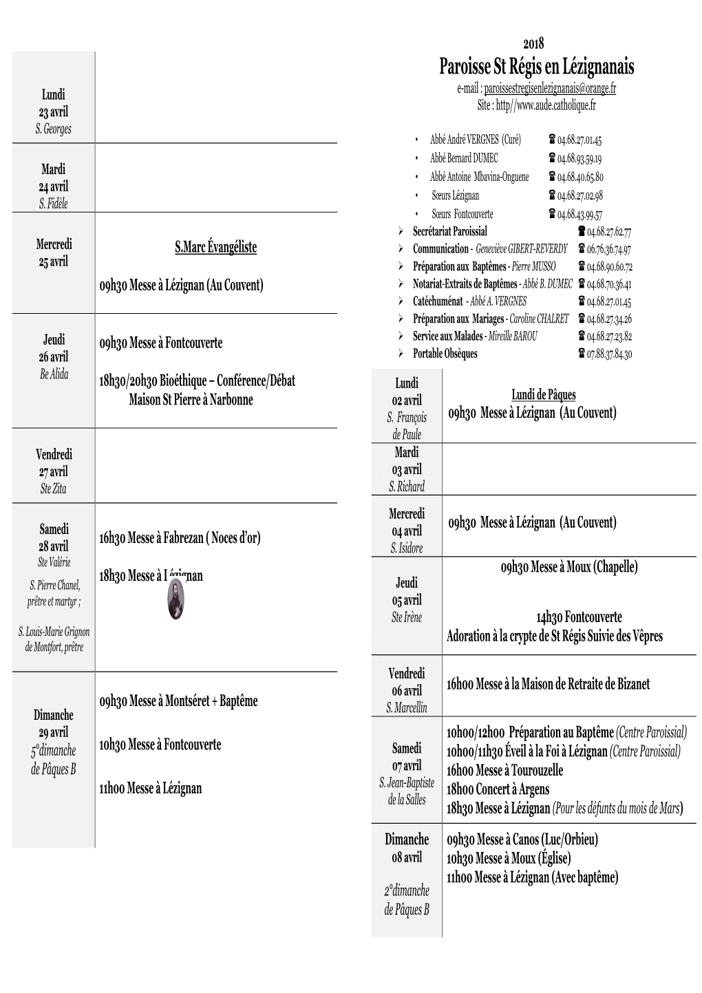 Horaires 02 Avril 29 Avril