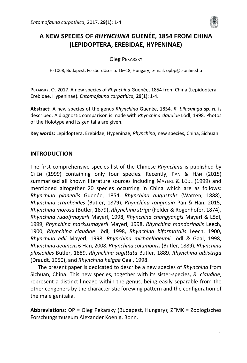 A New Species of Rhynchina Guenée, 1854 from China (Lepidoptera, Erebidae, Hypeninae)