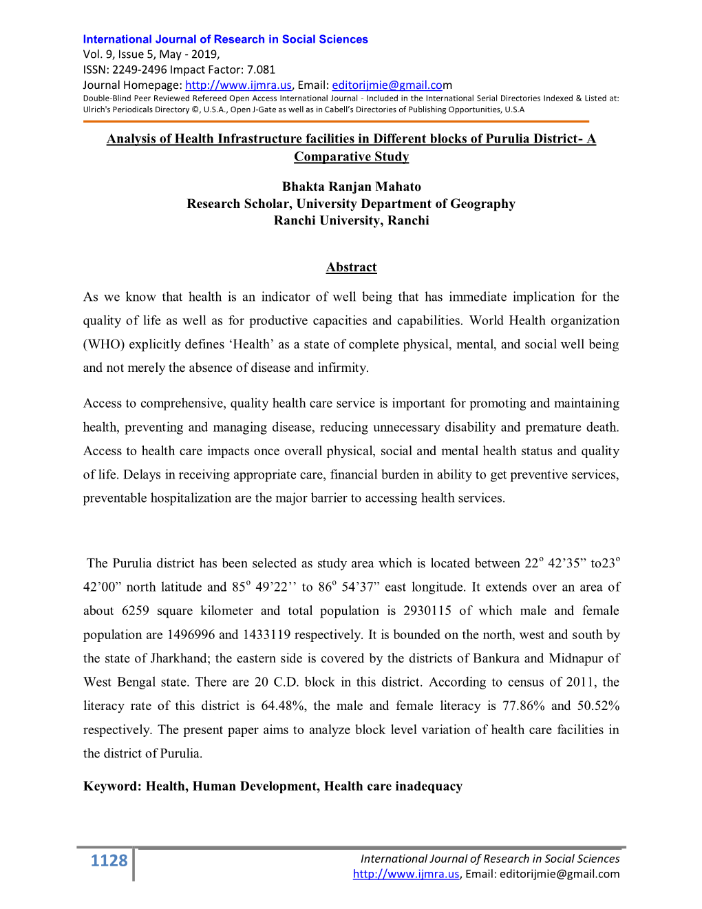 Analysis of Health Infrastructure Facilities in Different Blocks of Purulia District- a Comparative Study