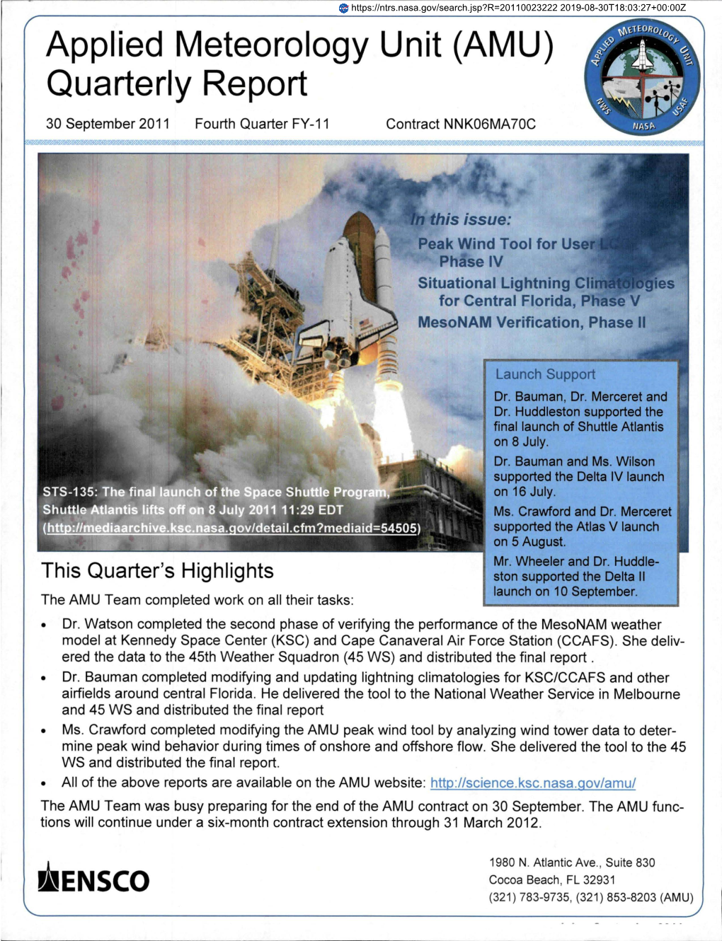 Applied Meteorology Unit (AMU) Quarterly Report