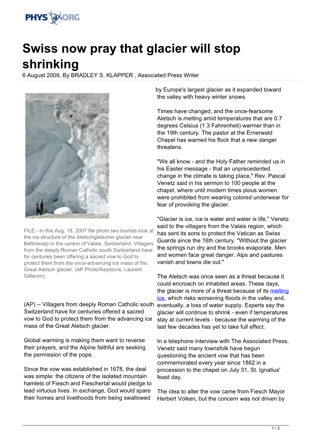 Swiss Now Pray That Glacier Will Stop Shrinking 6 August 2009, by BRADLEY S